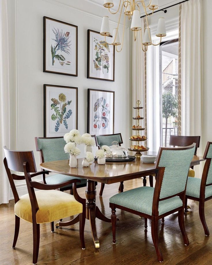 _ 17 Elegant dining room with floral artwork, wooden table, colorful chairs, and chic chandelier. | Sky Rye Design Elegant dining room with floral artwork, wooden table, colorful chairs, and chic chandelier.