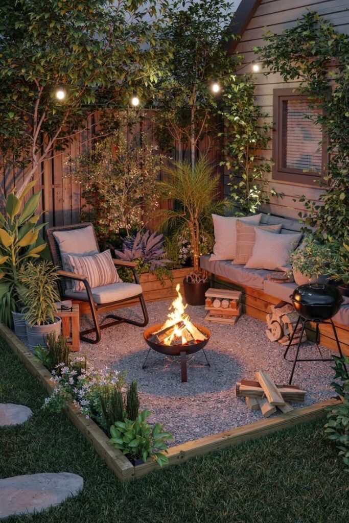 _ 17 Cozy backyard patio with fire pit, seating, and string lights for a serene evening ambiance. | Sky Rye Design Cozy backyard patio with fire pit, seating, and string lights for a serene evening ambiance.