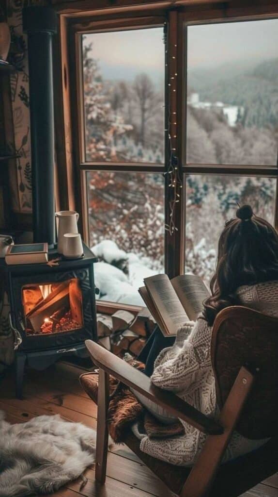_ 17 Cozy winter cabin scene with a person reading by a warm fireplace, overlooking a snowy forest through large windows. | Sky Rye Design Cozy winter cabin scene with a person reading by a warm fireplace, overlooking a snowy forest through large windows.