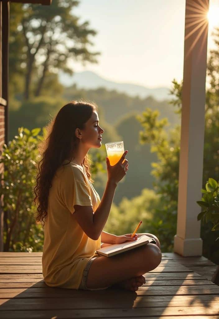 _ 17 Woman enjoys juice on porch at sunrise, surrounded by nature, while writing in a notebook. Relaxing morning routine. | Sky Rye Design Woman enjoys juice on porch at sunrise, surrounded by nature, while writing in a notebook. Relaxing morning routine.