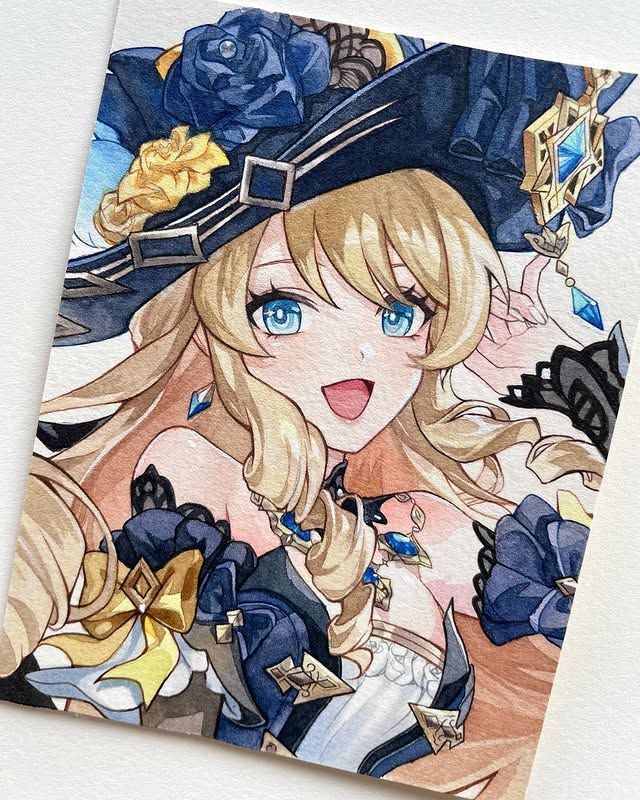 Anime girl wearing a detailed fantasy outfit with blue accents and a wide-brimmed hat, smiling brightly.