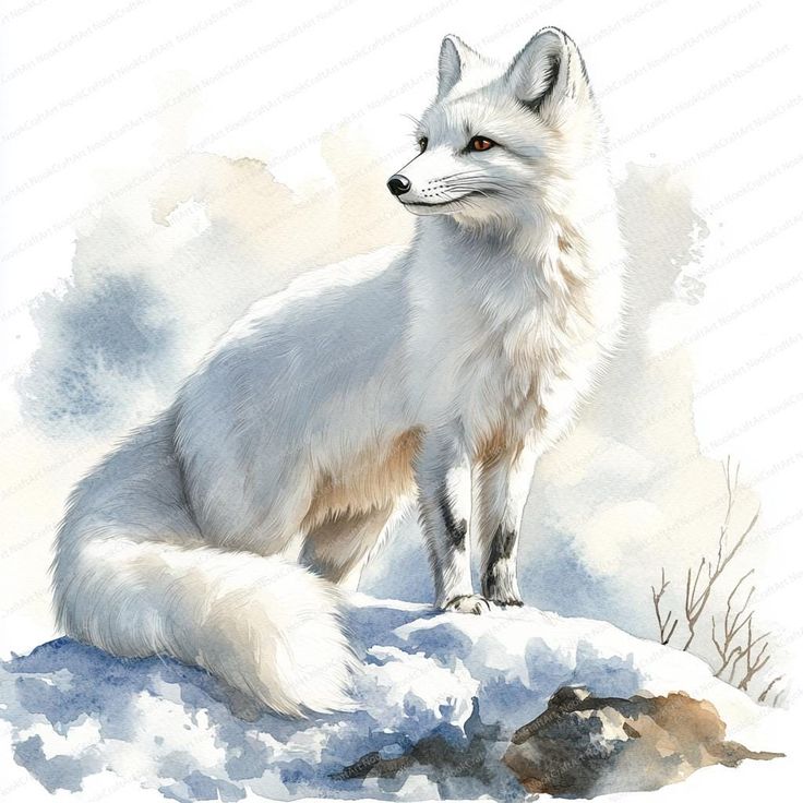 17 Arctic Fox Clipart Set _ Winter Wildlife Illustration Pack _ Printable Watercolor clipart _ High Quality JPGs _ Paper craft _ journal Illustration of an Arctic fox standing on a snow-covered rock, showcasing its thick white fur in a snowy landscape. | Sky Rye Design Illustration of an Arctic fox standing on a snow-covered rock, showcasing its thick white fur in a snowy landscape.