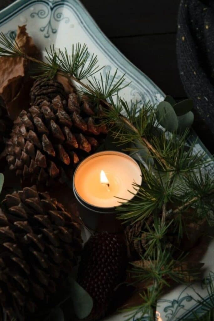 17 Candle Scents to Embrace the Winter Lit candle surrounded by pinecones and greenery on an ornate tray, creating a cozy, festive ambiance. | Sky Rye Design Lit candle surrounded by pinecones and greenery on an ornate tray, creating a cozy, festive ambiance.
