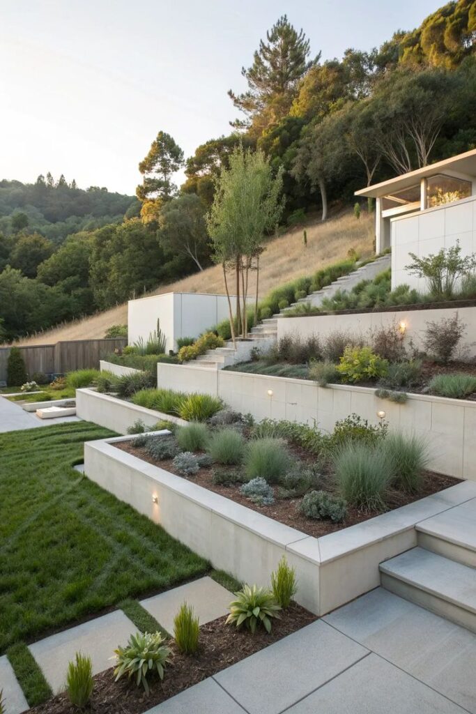 Modern hillside garden with tiered landscaping, lush greenery, and sleek architectural design. Ideal outdoor space blending nature and style.