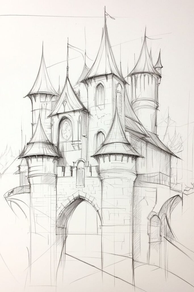 17 Enchanting Castle Drawing Ideas to Spark Your Creativity - Craft Frontier Sketch of a whimsical castle with pointed towers and arched entrance, showcasing intricate architectural details. | Sky Rye Design Sketch of a whimsical castle with pointed towers and arched entrance, showcasing intricate architectural details. how to draw a castle