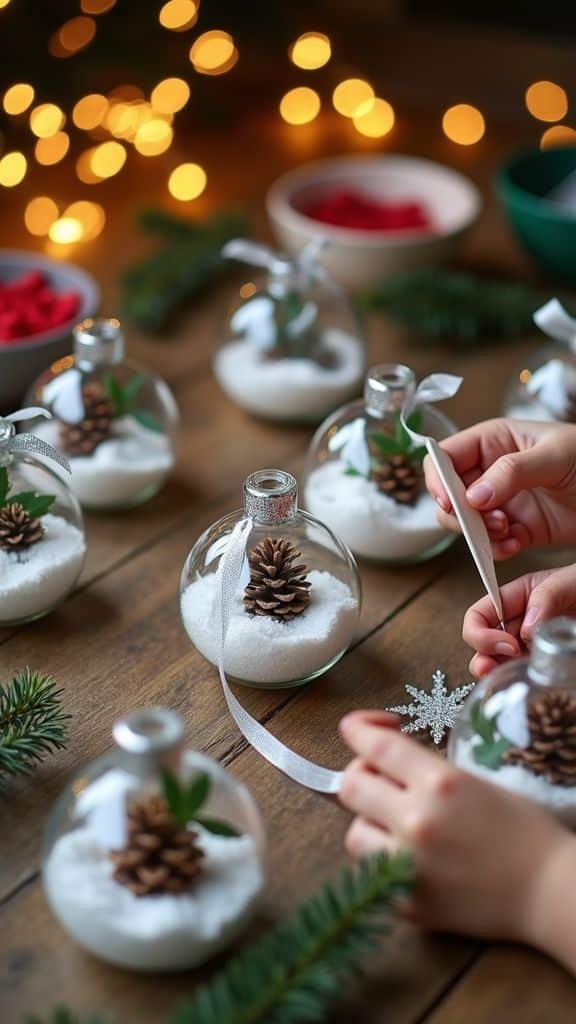 17 Fun Christmas Crafts for the Whole Family - Christine Britton Crafting holiday ornaments with pinecones, faux snow, and ribbon on wooden table. Cozy DIY Christmas decor. | Sky Rye Design Crafting holiday ornaments with pinecones, faux snow, and ribbon on wooden table. Cozy DIY Christmas decor.