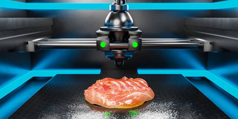 1704298451708 3D printer creating a piece of synthetic meat in a futuristic setting. | Sky Rye Design 3D printer creating a piece of synthetic meat in a futuristic setting.