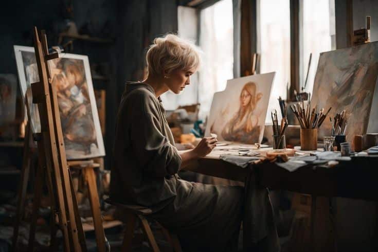 Artist focused on painting in a sunlit studio, surrounded by canvases and brushes, capturing creativity and inspiration.