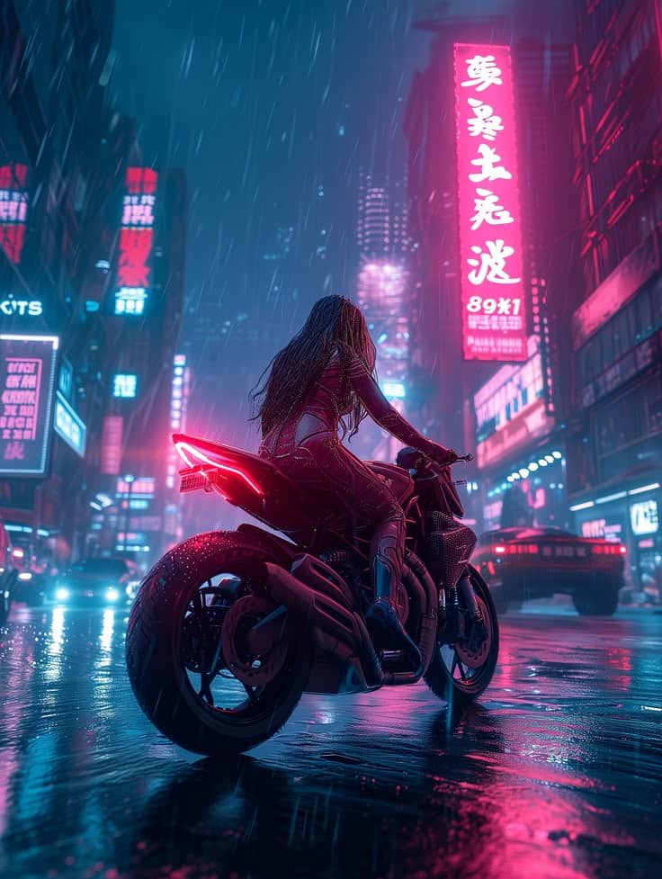 Futuristic biker in rain-soaked neon city street, vibrant lights reflecting off wet surfaces, creating a cyberpunk atmosphere.  cyberpunk woman