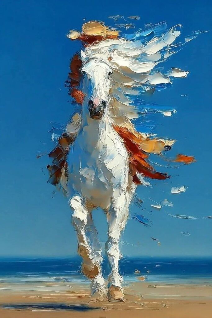 Abstract painting of a white horse galloping on a beach, with dynamic brushstrokes and a vivid blue sky background, capturing motion.