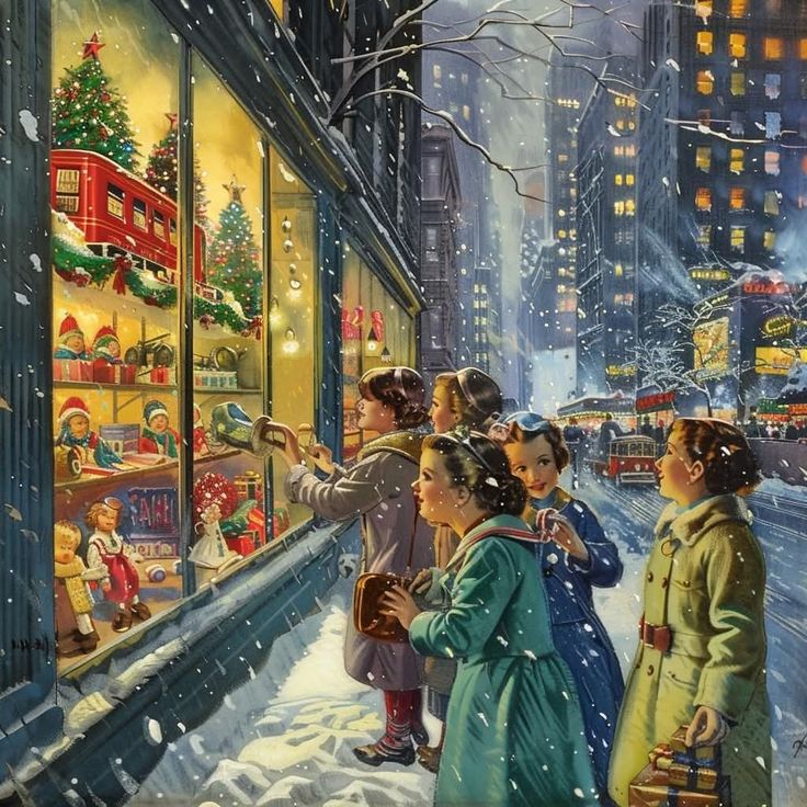 Children gazing at a festive holiday window display in a snowy city at night, showcasing Christmas toys and decorations.