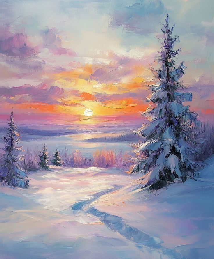 _ 18 Vibrant snowy landscape painting of a sunset with pastel skies and evergreen trees, creating a tranquil winter scene. | Sky Rye Design Vibrant snowy landscape painting of a sunset with pastel skies and evergreen trees, creating a tranquil winter scene.