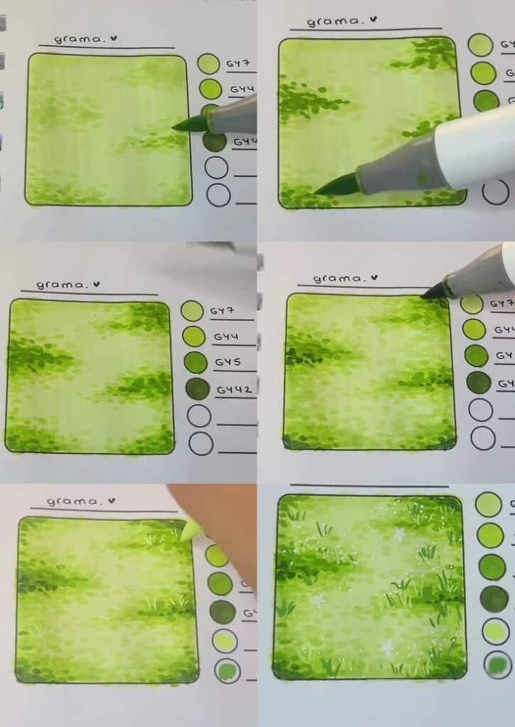 Drawing grass with markers using gradient shades of green in a progress tutorial, featuring color swatches.