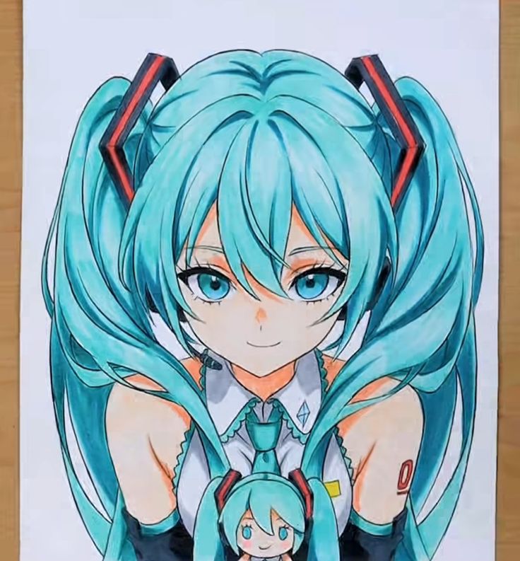 Anime character with teal hair and twin tails, holding a doll with similar features, smiling at the viewer.
