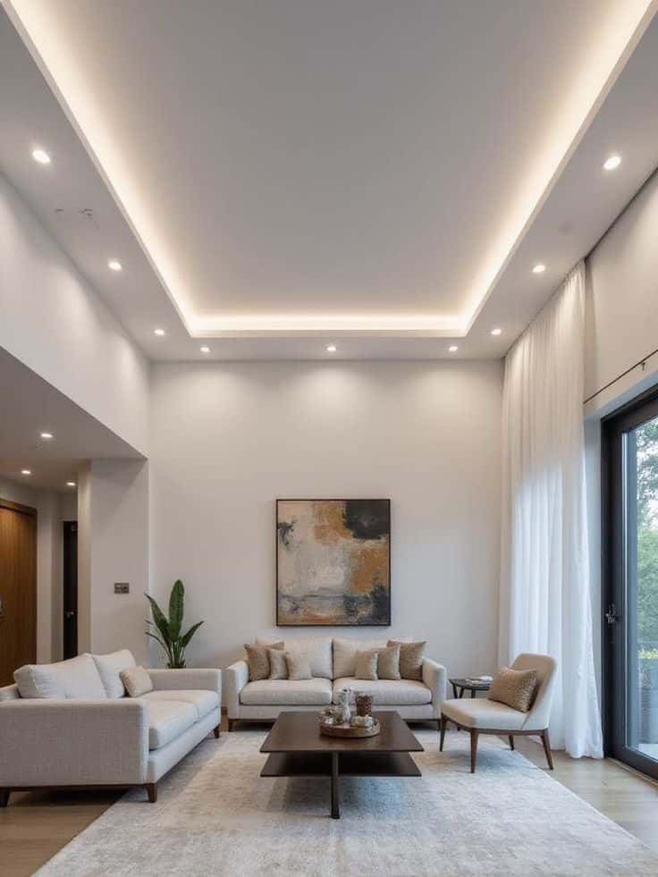 Modern living room with neutral tones, cozy sofas, abstract art, and elegant recessed lighting—perfect for a stylish, welcoming ambiance.