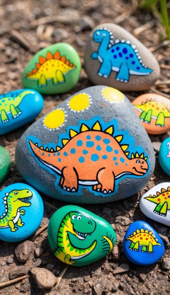 18 Creative DIY Dinosaur Painted Rock Inspirations Colorful dinosaur-painted rocks displayed outdoors, featuring playful designs of various dinosaurs in vivid blues, greens, and oranges. | Sky Rye Design Colorful dinosaur-painted rocks displayed outdoors, featuring playful designs of various dinosaurs in vivid blues, greens, and oranges.