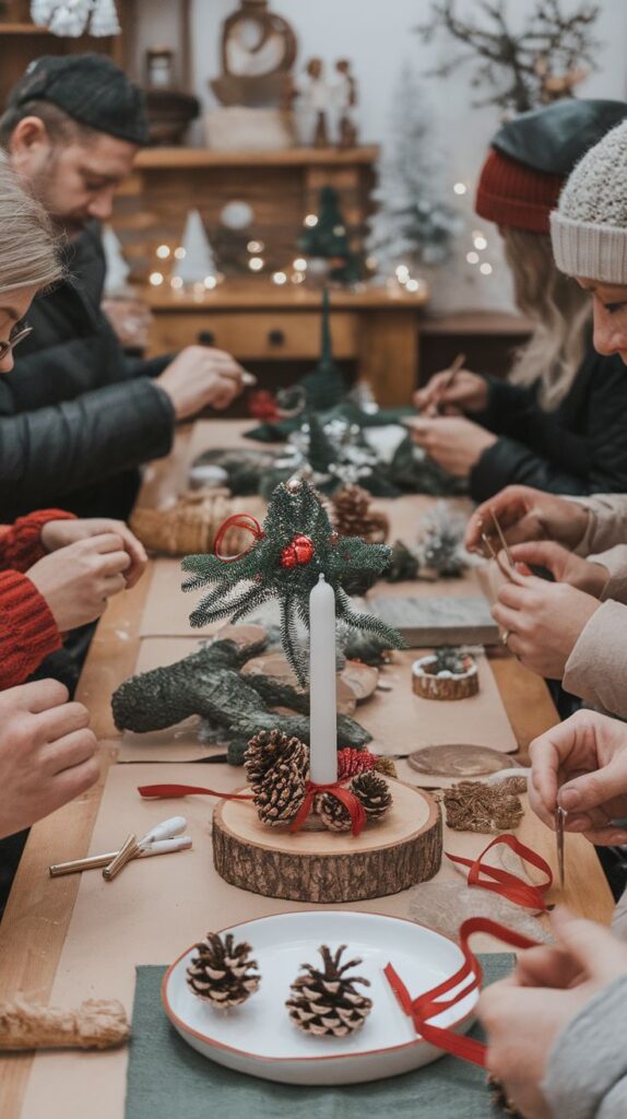 18 Festive Home Made Christmas Tree Ideas for Every Style Group crafting holiday decorations with pinecones and ribbons at a cozy table setting. | Sky Rye Design Group crafting holiday decorations with pinecones and ribbons at a cozy table setting.