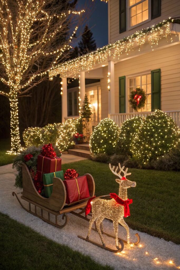 Festive house with Christmas lights, glowing reindeer, and a gift-filled sleigh creating a magical holiday scene at night.