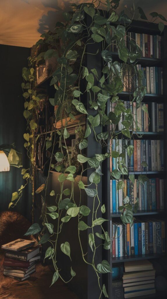 Cozy reading nook with lush green vines cascading over a well-stocked bookshelf, creating a serene and inviting atmosphere.