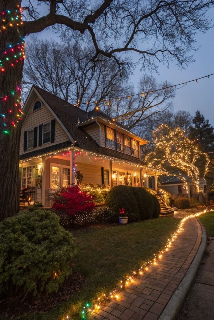 Festive house adorned with colorful Christmas lights, trees wrapped in glowing strands, creating a warm, inviting holiday atmosphere.