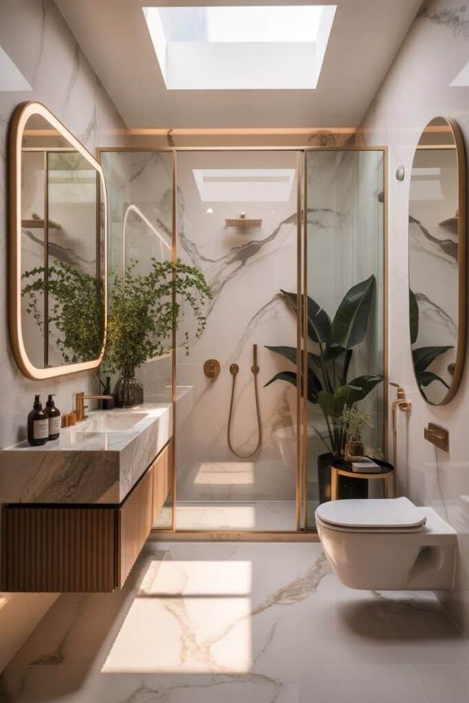 Luxurious bathroom with marble tiles, gold accents, skylight, and lush green plants, creating a serene and elegant space.