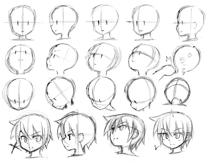 Anime head drawing tutorial with sketches showing different angles and hairstyles. Ideal for learning manga art techniques.