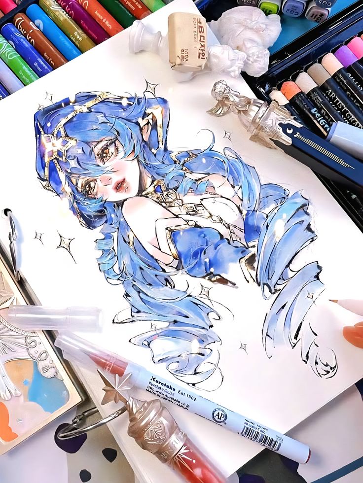 _ 19 Illustration of a fantasy character with blue hair, surrounded by art supplies, showcasing creative drawing techniques and vibrant design. | Sky Rye Design Illustration of a fantasy character with blue hair, surrounded by art supplies, showcasing creative drawing techniques and vibrant design.