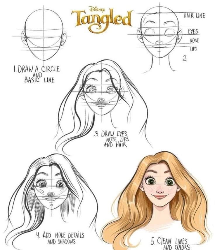 _ 19 Step-by-step guide to drawing a character from Tangled, showing stages from basic sketch to full color illustration. | Sky Rye Design Step-by-step guide to drawing a character from Tangled, showing stages from basic sketch to full color illustration.