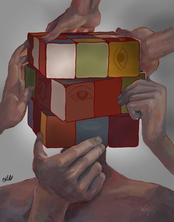 Surreal illustration of a Rubik's Cube head being assembled by multiple hands, symbolizing complexity and problem-solving.