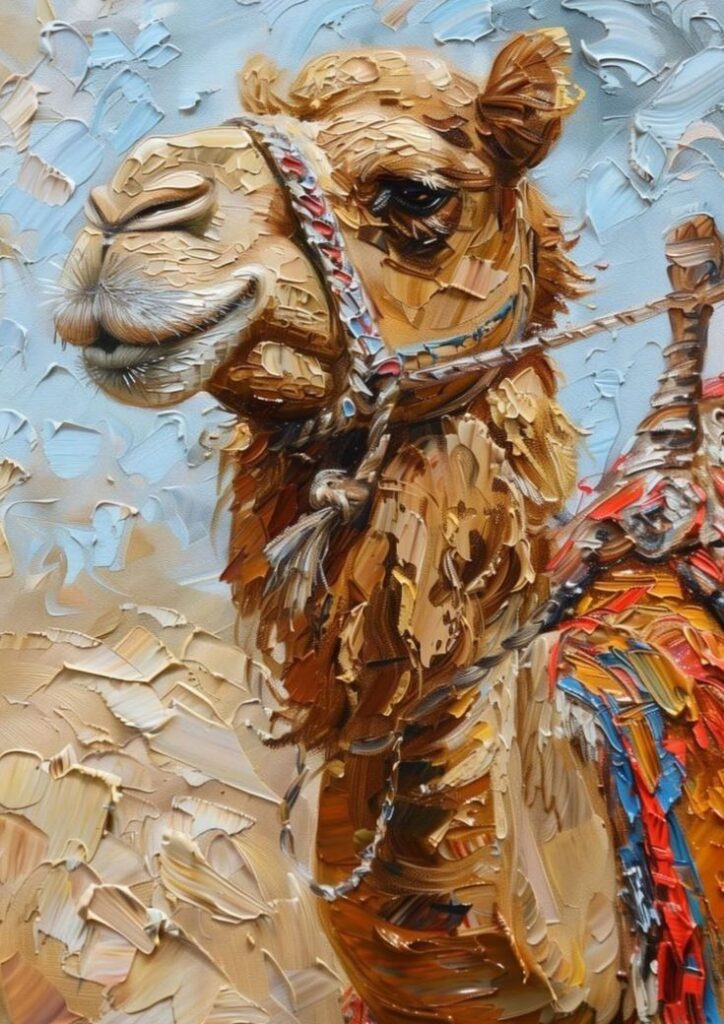 Abstract painting of a camel with colorful harness against a textured background, showcasing vibrant brushstrokes and artistic detail.