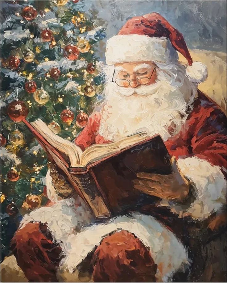 Santa Claus reading a book by a decorated Christmas tree, wearing his traditional red suit and hat, creating a festive holiday scene.