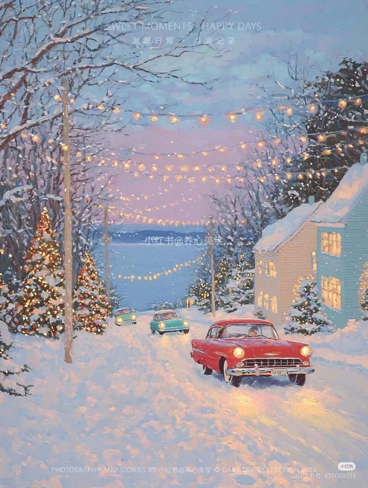 _ 19 Winter scene with decorated trees, vintage cars on snowy road, and cozy houses under string lights at dusk. | Sky Rye Design Winter scene with decorated trees, vintage cars on snowy road, and cozy houses under string lights at dusk.