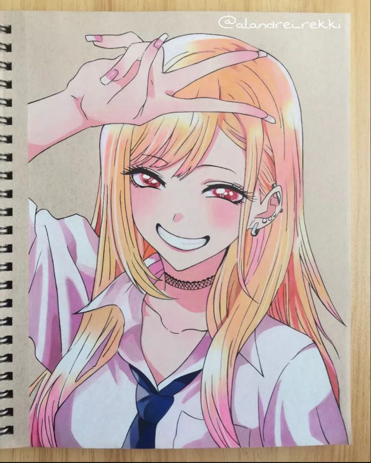 Anime girl with long blonde hair, smiling and posing in a playful peace sign gesture.