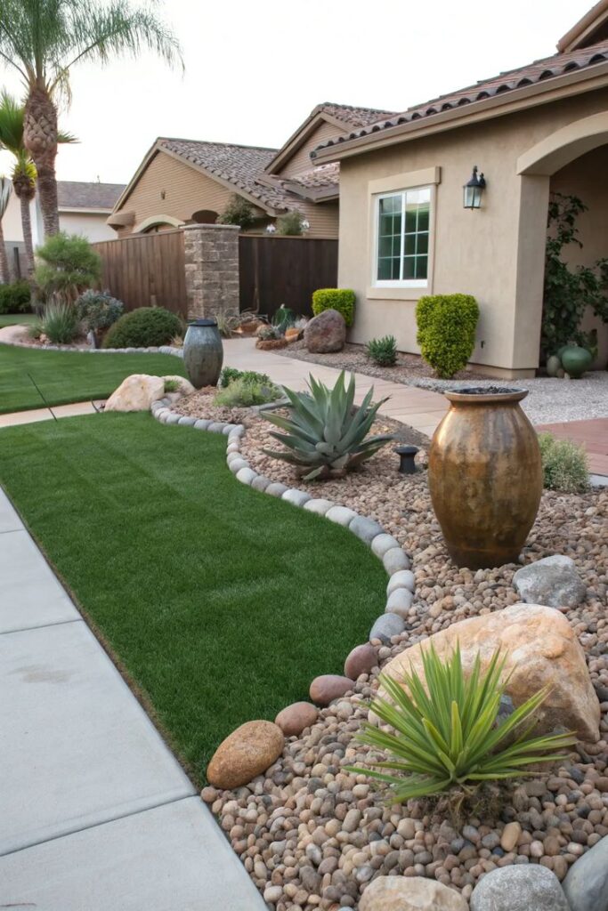 19+ Inspiring Front Yard Grass Rock Landscaping Ideas Desert landscape with lush lawn, succulents, rocks, and decorative pots creating a serene garden in front of a modern stucco house. | Sky Rye Design Desert landscape with lush lawn, succulents, rocks, and decorative pots creating a serene garden in front of a modern stucco house.