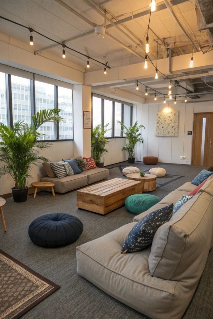 Cozy open office lounge with sofas, cushions, indoor plants, and modern lighting, offering a relaxed atmosphere for collaboration and breaks.