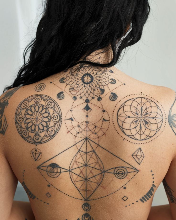 Back tattoo with intricate geometric patterns and mandalas, showcasing artistic black ink design.