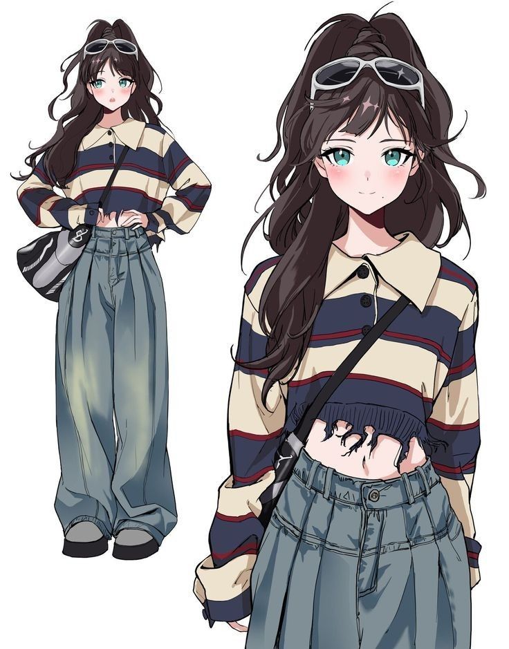 19114900-a2e1-4d5c-b7df-9a2e41006bf7 Anime girl with long brown hair, striped crop top, baggy jeans, and sunglasses. Casual fashion style, carrying a shoulder bag. | Sky Rye Design Anime girl with long brown hair, striped crop top, baggy jeans, and sunglasses. Casual fashion style, carrying a shoulder bag.