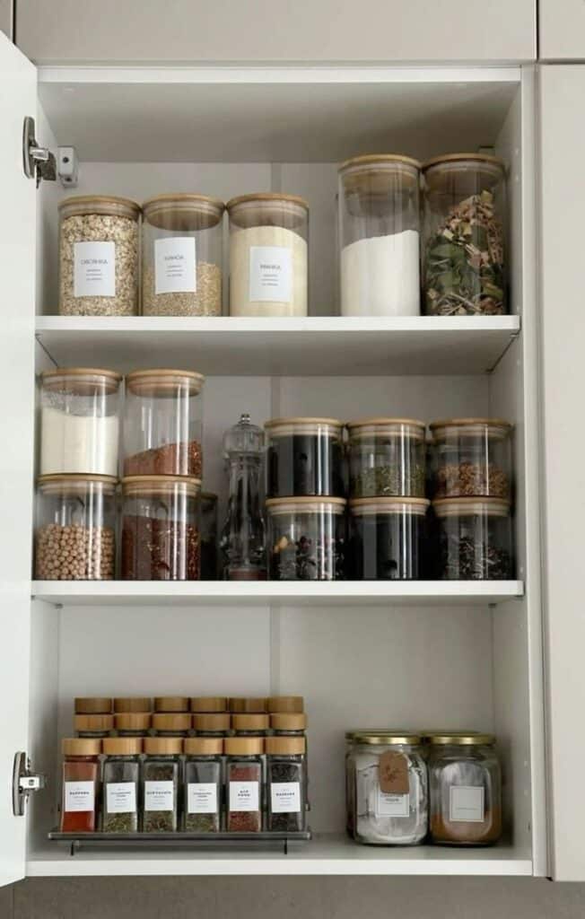 Organized kitchen pantry with labeled jars of grains, spices, and ingredients neatly arranged on white shelves for efficient storage.