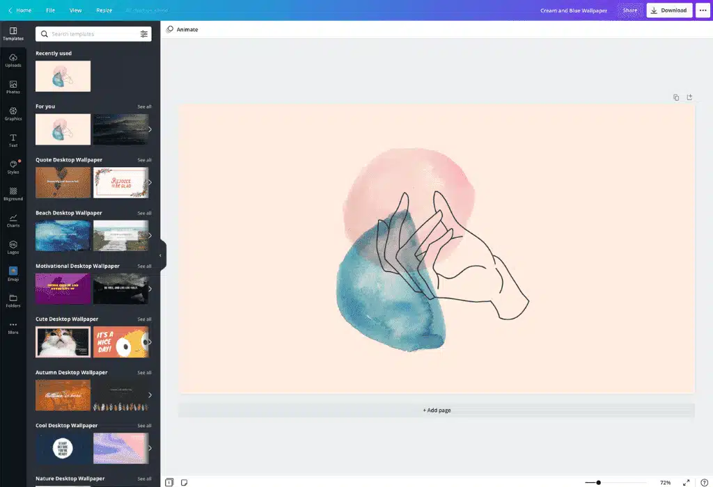 19HowtomakeawallpaperCanva Abstract hand illustration with pink and blue watercolor shapes on a beige background, created in a graphic design software interface. | Sky Rye Design Abstract hand illustration with pink and blue watercolor shapes on a beige background, created in a graphic design software interface.