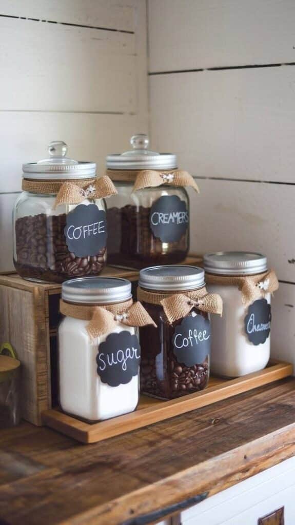 Jars of coffee beans, creamers, and sugar on a rustic wooden shelf, organized for a cozy kitchen setup.