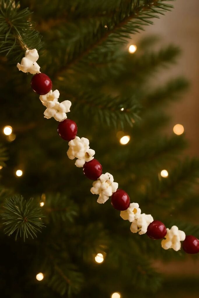 1ecc265403b6d4671d011630fe99cf1c Festive cranberry and popcorn garland adorning a Christmas tree branch with warm, twinkling lights in the background. | Sky Rye Design Festive cranberry and popcorn garland adorning a Christmas tree branch with warm, twinkling lights in the background.