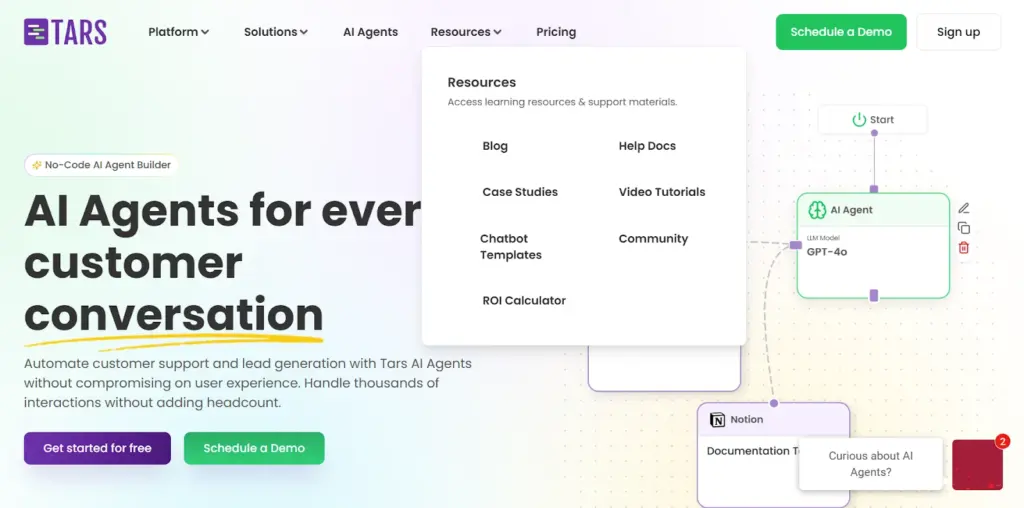 2 AI solutions for every customer conversation by Tars. Automate support and lead generation. Schedule a demo now. | Sky Rye Design AI solutions for every customer conversation by Tars. Automate support and lead generation. Schedule a demo now.