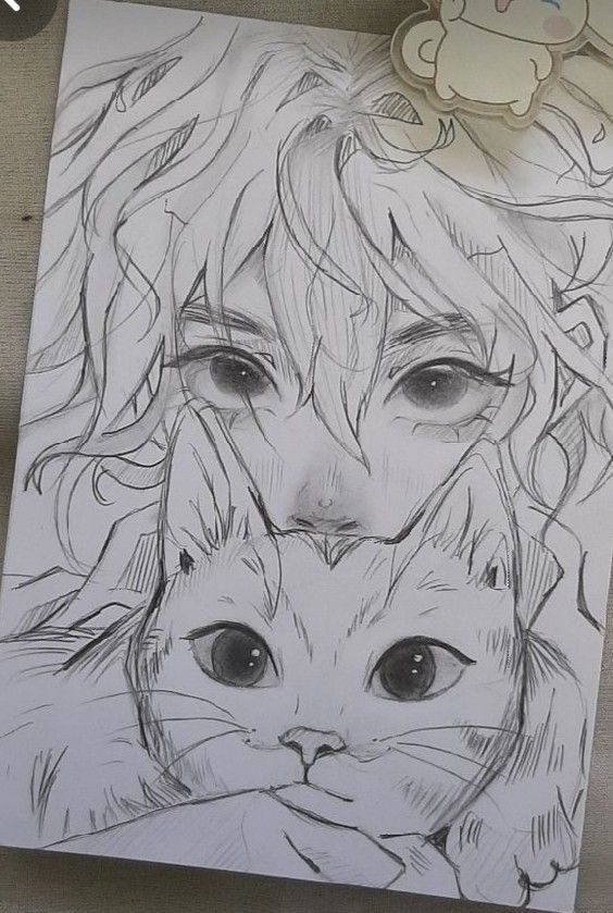 Pencil sketch of a person snuggling with a cat, showcasing detailed eyes and hair, accompanied by a cute sticker.