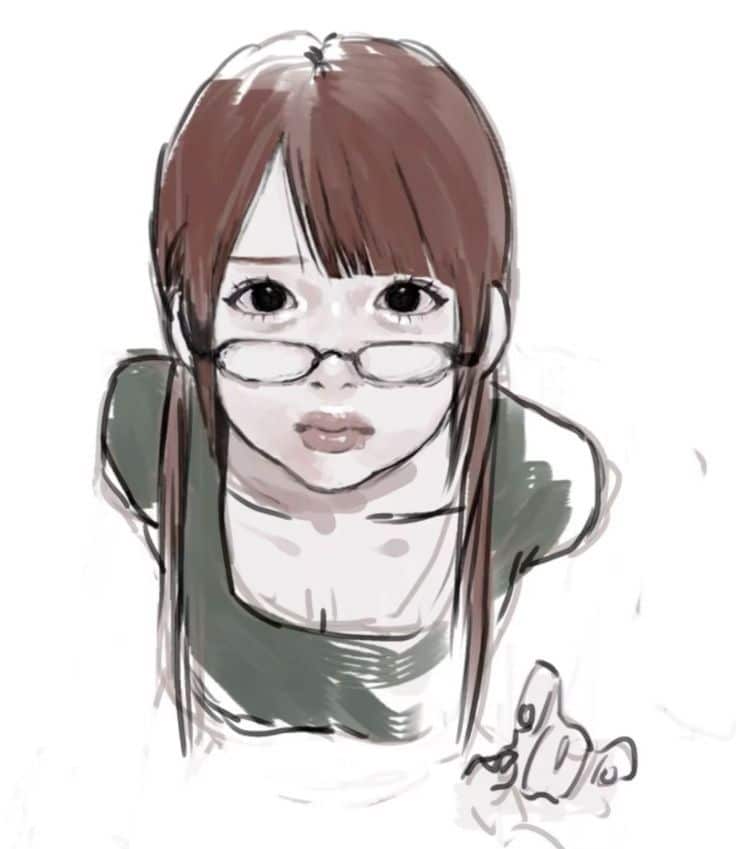 Drawing of a girl with glasses looking up, featuring long brown hair and a green top.