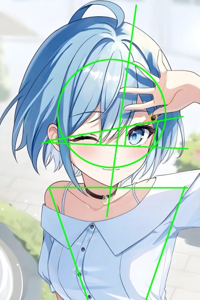 _ 2 Anime girl with blue hair and geometric drawing lines, winking outdoors in a blue outfit. Perfect for digital art tutorials or blogs. | Sky Rye Design Anime girl with blue hair and geometric drawing lines, winking outdoors in a blue outfit. Perfect for digital art tutorials or blogs.