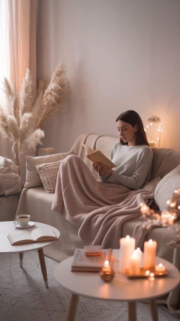 Cozy room scene with a person reading on a sofa, surrounded by soft blankets, lit candles, and warm ambient lighting. design