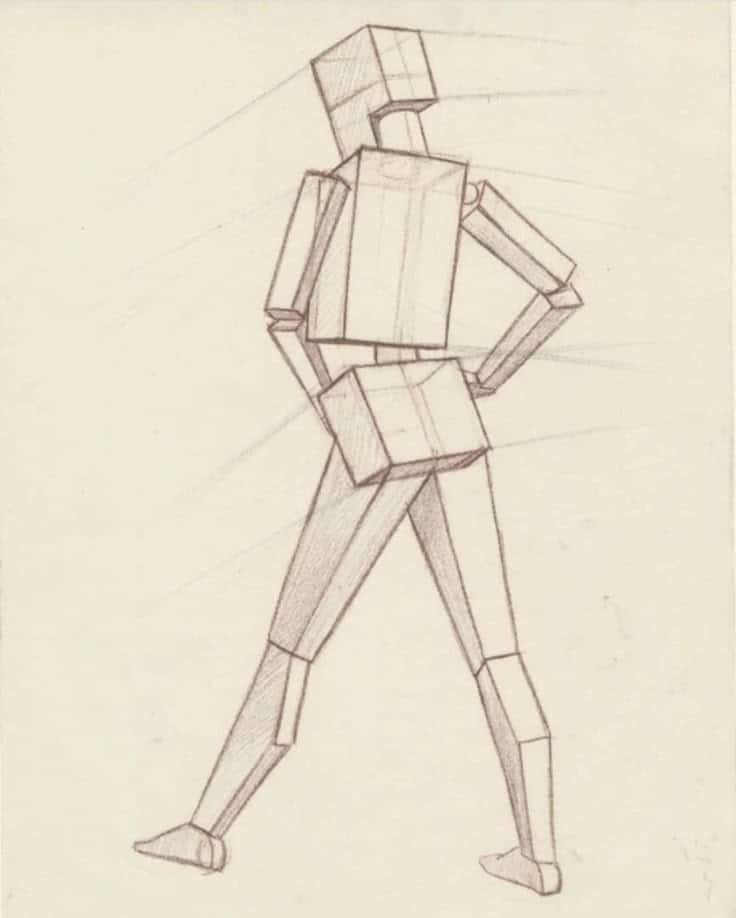 Sketch of a human figure using geometric shapes, showing a dynamic pose in pencil on paper. Ideal for art and drawing studies.