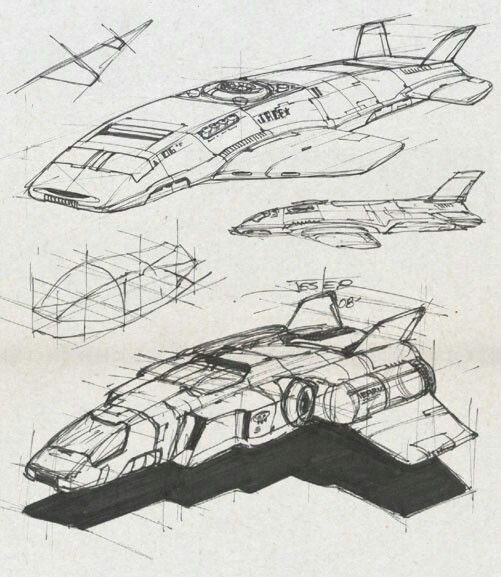 _ 2 Detailed sci-fi spaceship sketches on parchment, showcasing multiple designs with intricate mechanical details and aerodynamic shapes. | Sky Rye Design Detailed sci-fi spaceship sketches on parchment, showcasing multiple designs with intricate mechanical details and aerodynamic shapes.