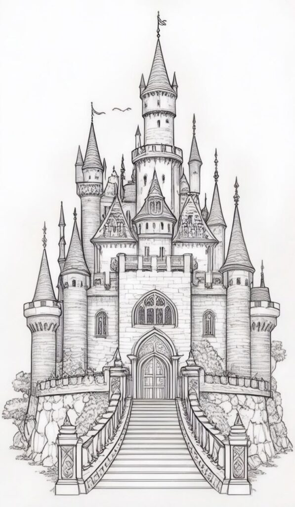 _ 2 Intricate black and white drawing of a fairy tale castle with tall spires, detailed stonework, and a grand staircase. | Sky Rye Design Intricate black and white drawing of a fairy tale castle with tall spires, detailed stonework, and a grand staircase.