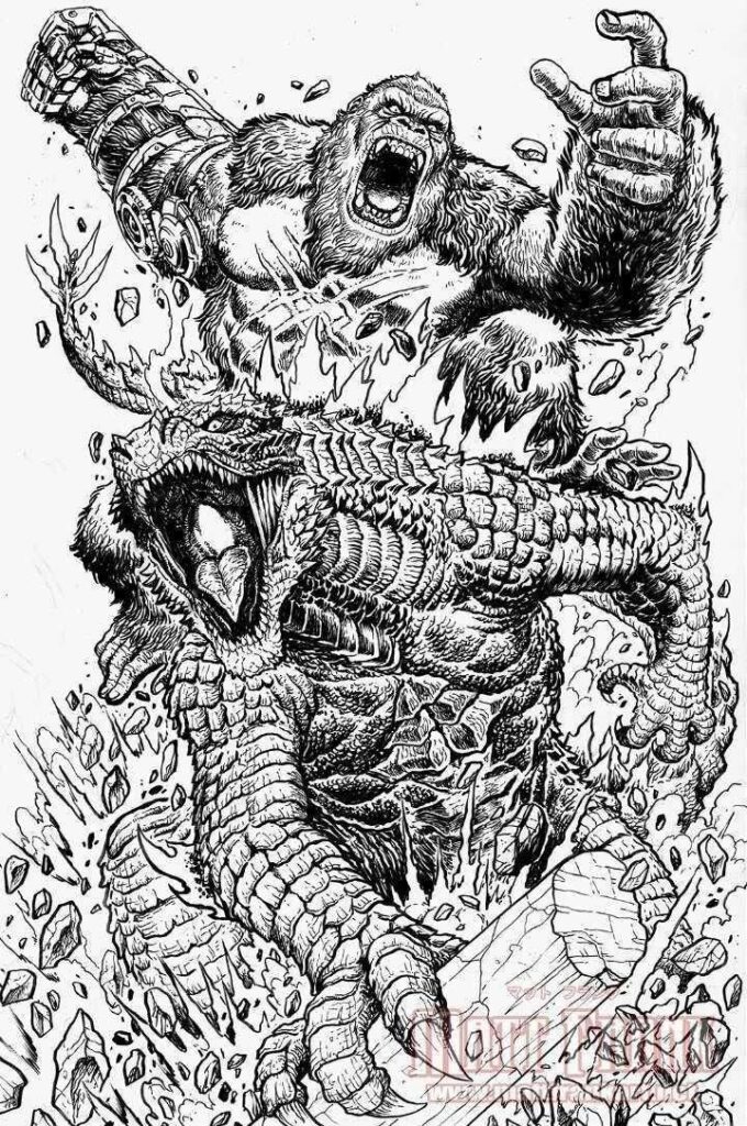 _ 2 Epic battle scene: muscular gorilla clashes with a fierce dragon, amidst flying debris in a dynamic black and white illustration. | Sky Rye Design Epic battle scene: muscular gorilla clashes with a fierce dragon, amidst flying debris in a dynamic black and white illustration.